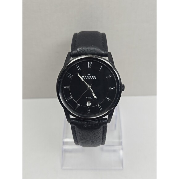 Skagen Other - Skagen Denmark Black Stainless 38mm Date Mens Slim Watch New Battery Leather